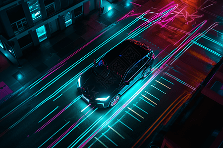 霓虹电动车行驶在街道上图片