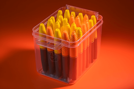 彩色画笔放在塑料盒里图片