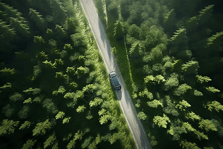 汽车在茂盛森林中行驶图片