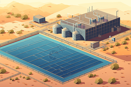 沙漠的水处理厂电池板图片