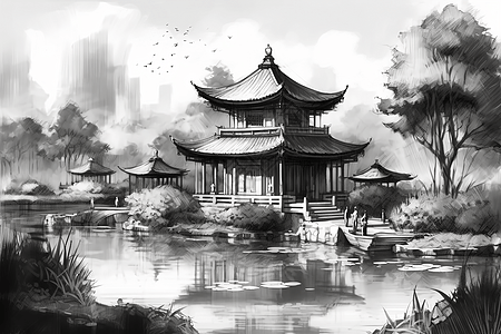 水墨风格的中国花园亭背景图片