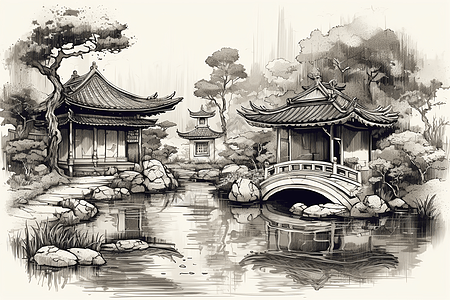 庭院有传统的中国馆背景图片