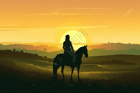 夕阳下骑马的人图片