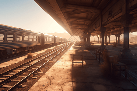 日落下沙漠中的火车站背景图片