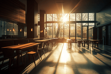阳光照进大学校园里的咖啡馆图片