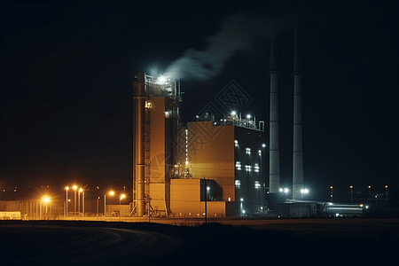 夜晚灯火通明的发电工厂图片