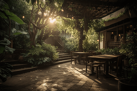 种满绿植的室外咖啡馆背景图片