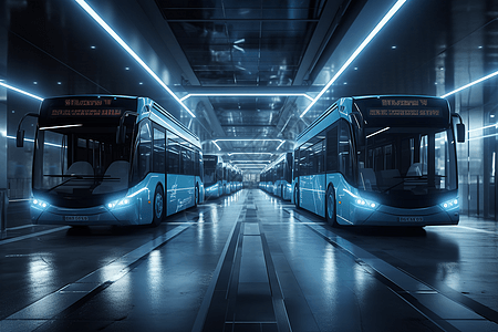 城市里行驶的电动公交车车队图片