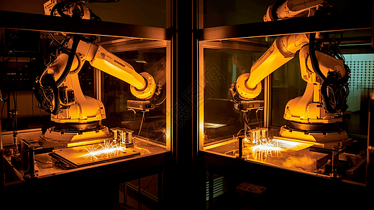 焊接出火花的机器人的机械臂图片