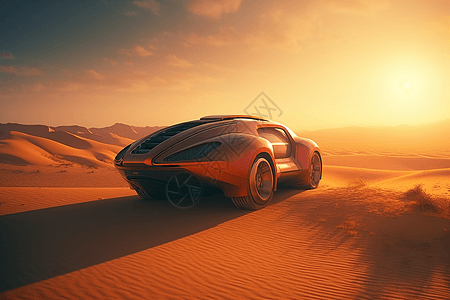 沙漠落日沙漠中行驶的鱼形汽车设计图片