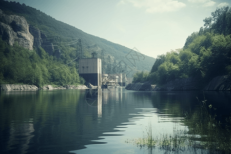 绿植环绕水力发电站图片