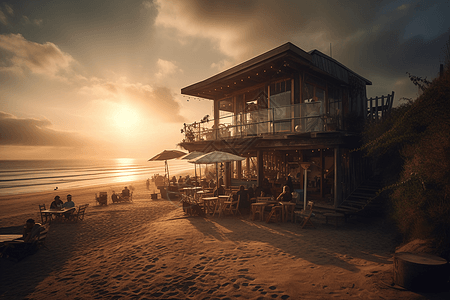 黄昏时海滩上的咖啡馆图片
