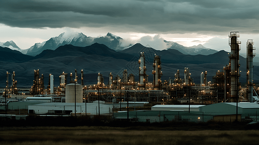 傍晚山脉前的炼油厂背景图片