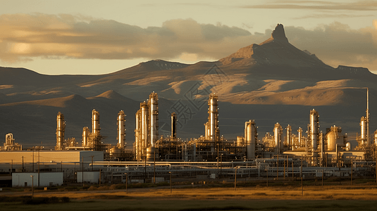 山脉前的炼油厂背景图片