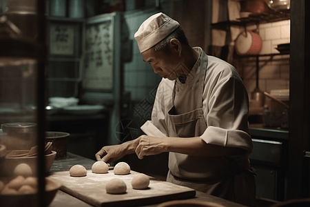 捏面团做月饼的面包师图片