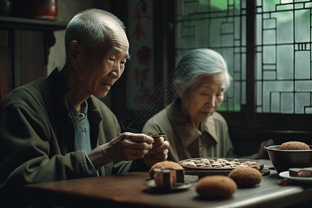 老年夫妇在茶馆分享莲蓉蛋糕背景图片