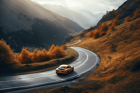 在蜿蜒的道路上行驶的电动汽车图片