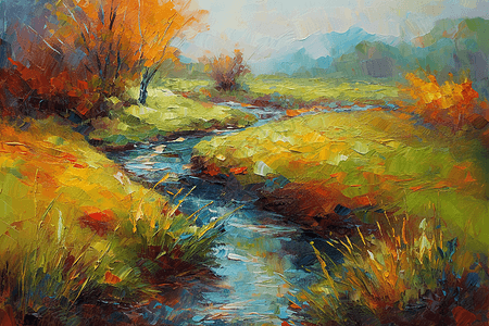 小溪穿过草地的风景油画图片