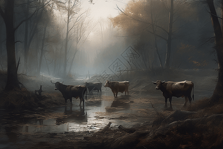 森林中的牛群图片
