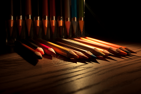 书桌上彩色铅笔特写图片