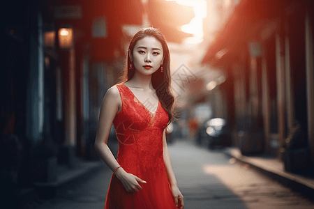 红色连衣裙女子图片