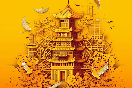 宝塔剪纸风格插图图片