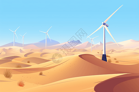 沙漠中的风车插画图片