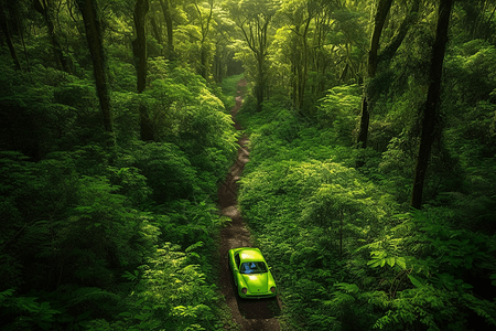 绿色汽车行驶在丛林小径图片