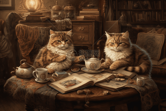 两只喝茶的猫插画图片