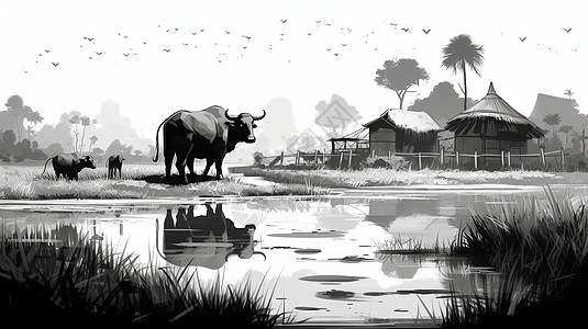 水牛从稻田里喝水高清图片