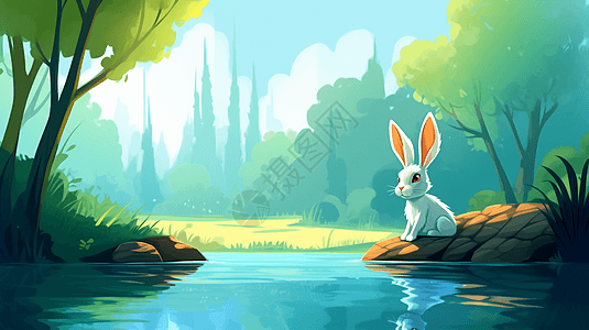 兔子在池塘边站立图片