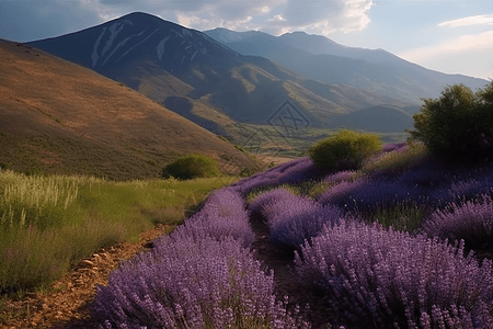 覆盖着紫色薰衣草的山坡背景图片