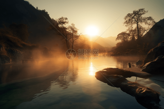 夕阳下的温泉图片