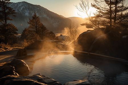 温泉日出风景图片