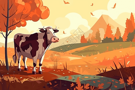 卡通牧场里的奶牛背景图片