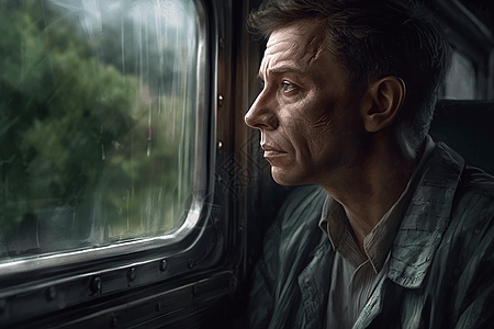 火车上沉思的男人图片