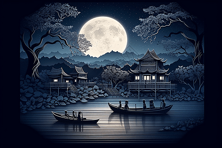 夜间湖面中国风的船舶插画
