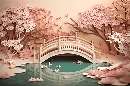 青山流水粉色剪纸风的小桥流水插画