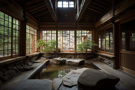 日式浴室室内的温泉景色背景