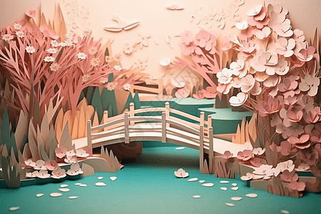 粉色树下的木桥图片
