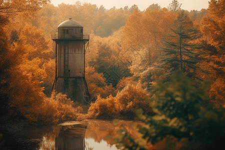 水塔在森林中图片