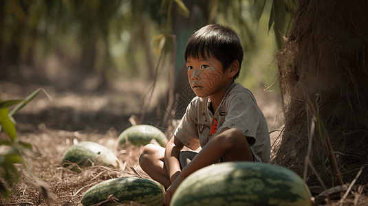 树荫下乘凉的男孩图片