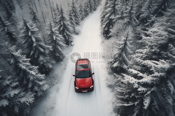 红色SUV在森林中飞驰而过图片