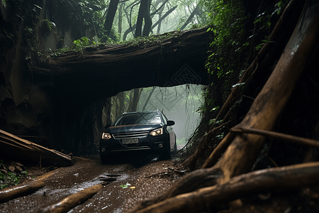 汽车在森林中穿梭图片