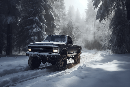 皮卡车穿越雪地森林图图片