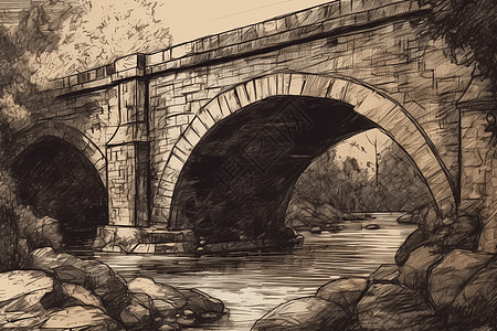 石拱桥特写素描图片