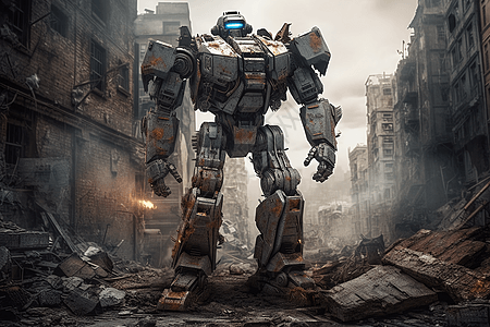 废墟城市中的巨型机器人背景图片