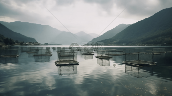 水面上漂浮着鱼笼图片