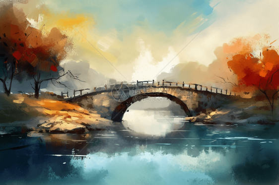 中国拱桥的插画图图片
