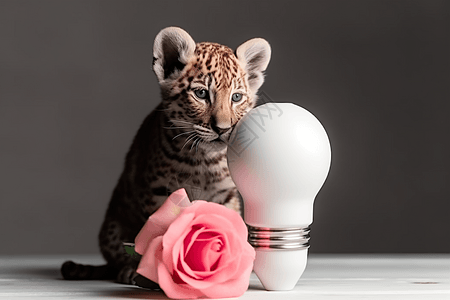 老虎幼崽与玫瑰灯泡图片